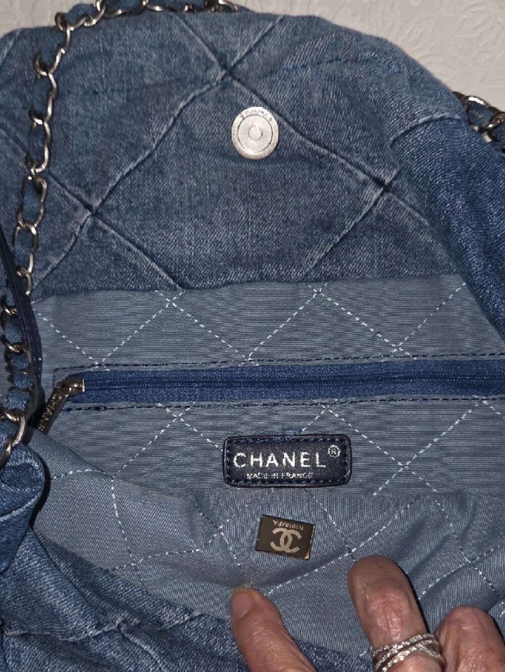 NWOT Quilted Denim Tote in Blue with Chain Strap - Picture 6 of 11